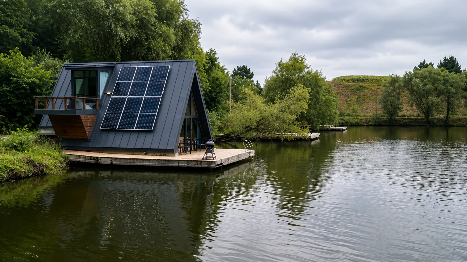 Панорама озера SAP SAN із будиночком A-frame на лівому березі